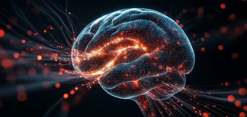 Poster - A digital representation of a brain emitting vibrant light trails, symbolizing neural connections and cognitive activity.