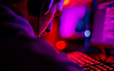 Poster - A person focused on a computer screen, immersed in a vibrant, colorful environment with glowing lights and headphones.