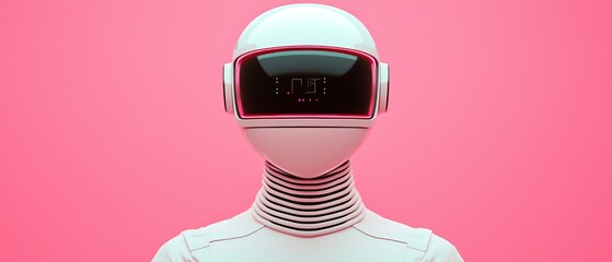 Poster - A futuristic robot figure with a smooth, white surface and a sleek visor stands against a vibrant pink background.
