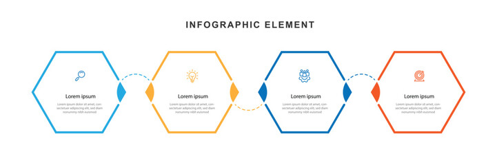 Aufkleber - Design template infographic element. 4 step process graphic presentation with icons and hexagon line shaped.