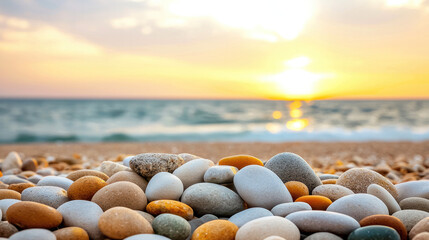 Poster - Colorful smooth stones beach sunset ocean tranquil nature summer relaxing scene