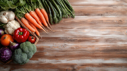 Poster - Fresh vegetables including carrot, broccoli, pepper, tomato, and garlic on rustic wooden flat surface, healthy and vibrant