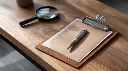 Aufkleber - A clipboard with a pen on it sits on a wooden table