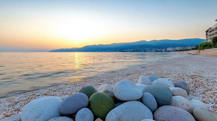 Aufkleber - Colorful smooth stones on tranquil beach at sunrise, calm sea, peaceful atmosphere, distant mountains