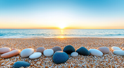 Aufkleber - Colorful smooth stone beach sunrise sea sky tranquil nature landscape. Peaceful sunrise over calm sea