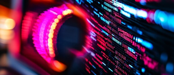 Poster - Close-up of a vibrant digital interface with colorful lights and data streams, showcasing technology and modern design aesthetics.