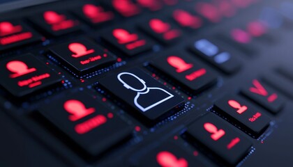 Poster - A close-up of a keyboard with illuminated keys, featuring a prominent user icon highlighted in white among other red icons.