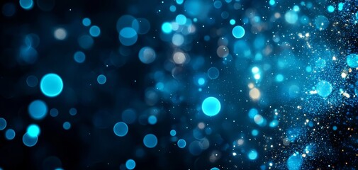 Poster - A vibrant, abstract background featuring blue bokeh lights and shimmering particles, creating a sense of depth and ethereal beauty.