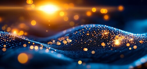 Fototapete - An abstract digital landscape featuring shimmering waves of blue and golden light, evoking a sense of depth and movement.