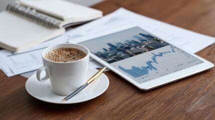 Aufkleber - A white coffee cup sits on a wooden table next to a tablet displaying a graph
