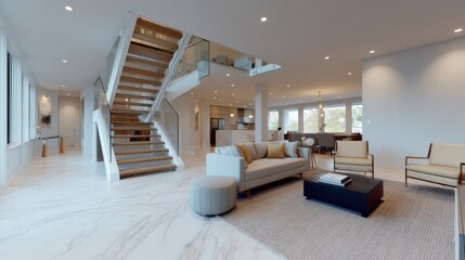 Poster - A large, open living room with a white staircase leading up to the second floor
