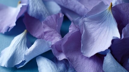 Aufkleber - Macro closeup of artificial lavender flower petals with soft blue shades, shimmering textures, glowing coral center, diffused lighting, and copy space, emphasizing delicate floral beauty and serenity