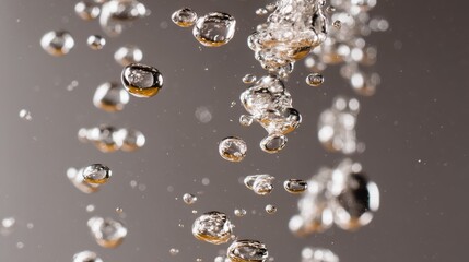 Poster - Sparkling bubbles rising in chilled glass of sparkling water with soft background and copy space