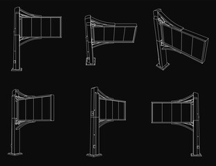 Poster - The image is a series of drawings of a Advertising-signs with a curved top. The drawings are in black and white and show the structure from different angles. Scene is artistic and creative