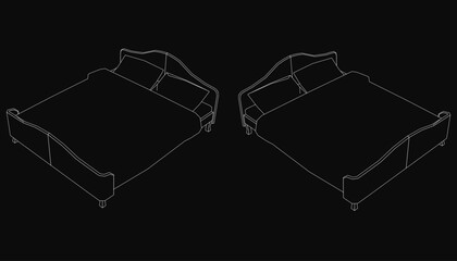 Poster - Two beds are shown in a black and white illustration. The beds are identical in size and shape, with pillows on top. The image has minimalist and monochromatic feel, emphasizing the simplicity of beds