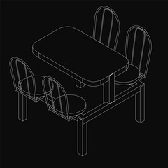 Poster - A black and white drawing of a table with four chairs around it. The table is rectangular and has a black top. The chairs are arranged around the table, with one on each side and one in the back