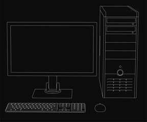 Fototapete - A computer monitor and keyboard are shown on a black background. The computer monitor is turned off, and the keyboard is not in use. Concept of technology and productivity