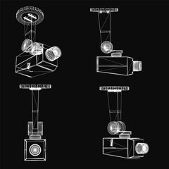 Poster - A series of four drawings of a camera with a lens. The drawings are in black and white and are stylized