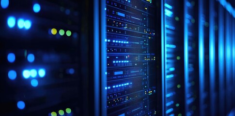 Poster - Detailed side view of server racks with glowing blue and green indicators, ideal for showcasing cloud infrastructure, data center security, IT architecture, and advanced digital network systems