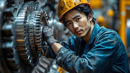 Poster - Factory construction worker assembling heavy