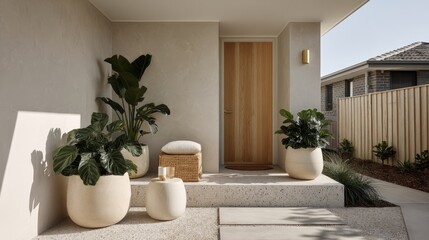 Poster - Modern minimalist home entrance with wooden door lush potted plants and natural light clean architectural lines and inviting curb appeal