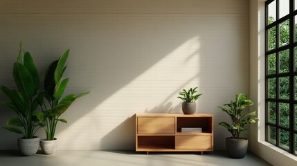 Poster - Minimalist interior with potted plants, wooden cabinet, and sunlight streaming through a large window casting shadows on a textured wall.