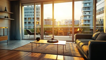 Poster - Modern living room with city view at sunset