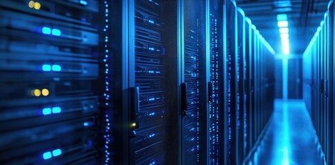 Aufkleber - Close-up perspective of glowing server cabinets under blue ambient lighting in a high-tech corridor, great for illustrating cybersecurity, cloud systems, IT infrastructure, and data management service