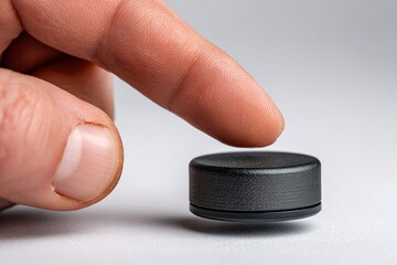 Poster - Finger poised above black circular object on a gray background indicating a focus on precision and detail in a tactile exploration