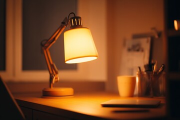 Poster - Warm desk lamp creating a cozy atmosphere in a dimly lit workspace during evening hours