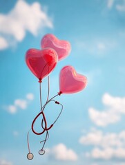 Poster - Heart-shaped Balloons Float in the Sky, Tied With a Stethoscope Ribbon, a Symbol of Love and Care Against a Blue Backdrop