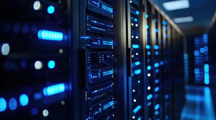 Poster - Glowing blue server racks in a modern data center with blinking LEDs, ideal for visuals on cloud technology, IT infrastructure, digital security, and enterprise networking