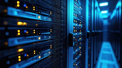Poster - High-tech blue-lit data center with rows of server racks and illuminated hardware, ideal for cybersecurity, networking, AI infrastructure, and cloud computing visuals