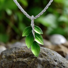 Poster - A green leaf pendant is displayed on a rock