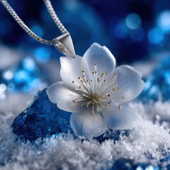 Poster - A white flower pendant is displayed on a blue surface
