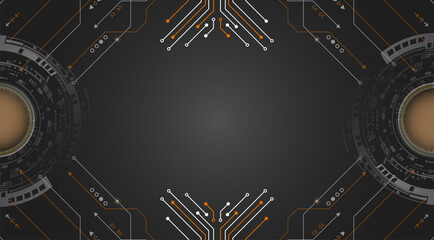 Leinwandbilder - An abstract high-tech background with elements of microchips, circular interfaces and connection lines. The center is empty, making the image ideal for placing text.
