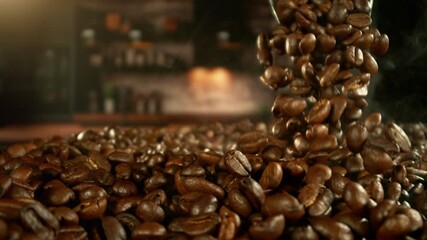 Aufkleber - Super Slow Motion of Male Hands Pouring Coffee Beans from Spoon. Filmed on High Speed Cinema Camera, 1000 fps. Blur Kitchen Industrial Interior on Background. Speed Ramp Effect.