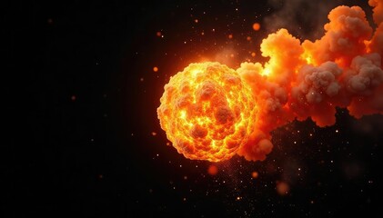Wall Mural - fiery orange and yellow explosion fireball, isolated on black background perfect for visual effects 