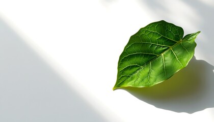 Poster - Single green leaf on white background with shadow. The leaf has a heart shape with visible veins. Sunlight illuminates the leaf.