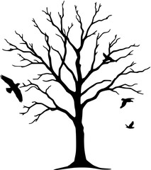 bare tree silhouette with birds in flight against white background