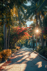 Wall Mural - path in a park with trees and a bench