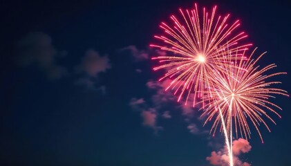 Wall Mural - Vibrant celebratory fireworks explode in the night sky, showering sparks and light , glow, victory, breathtaking