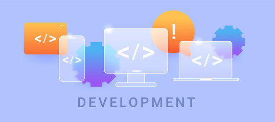 development composition on blue background. glass morphism technology vector illustration