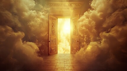 Canvas Print - a view from behind, god arriving to heaven, the doors are open the place is full of beautiful clouds