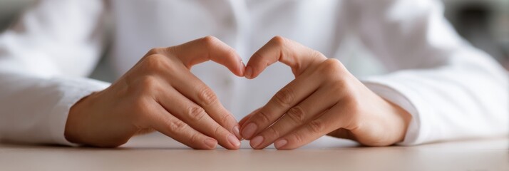 Poster - Hands Create Heart Shape Over Chest Area in Healthcare Context With Open Space for Text