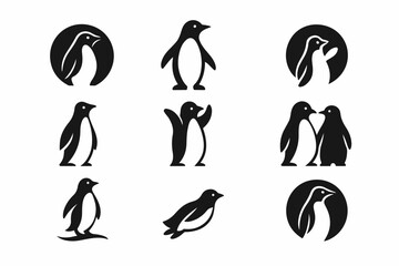 Poster - Collection of penguin and bird silhouettes, including an ice cream eating penguin, perfect for sport, fitness, yoga, or dance logos and healthy lifestyle illustrationsCollection of penguin and bird si
