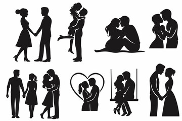 Poster - Silhouettes of business people walking, including men, women, and children, in a vector style, with various body types and poses, representing a group in a professional setting