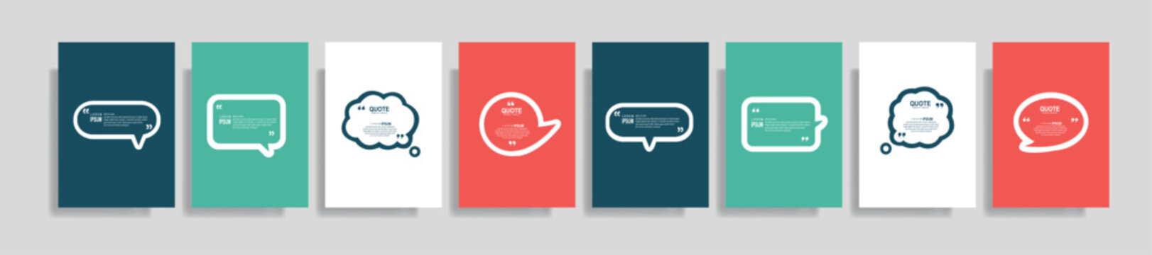 Collection of blank quote frame templates. Text in brackets, empty quote speech bubble, quotation. Text box isolated on color background. Vector illustration