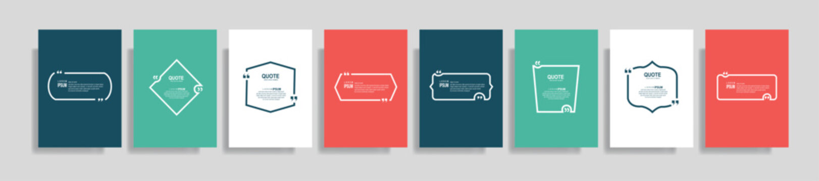 Collection of blank quote frame templates. Text in brackets, empty quote speech bubble, quotation. Text box isolated on color background. Vector illustration