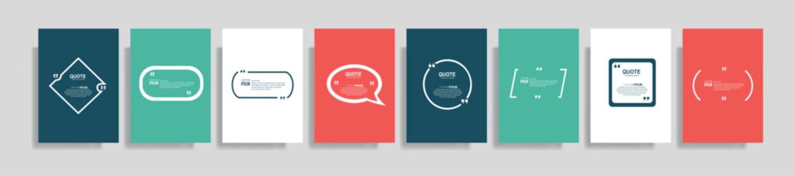 Collection of blank quote frame templates. Text in brackets, empty quote speech bubble, quotation. Text box isolated on color background. Vector illustration